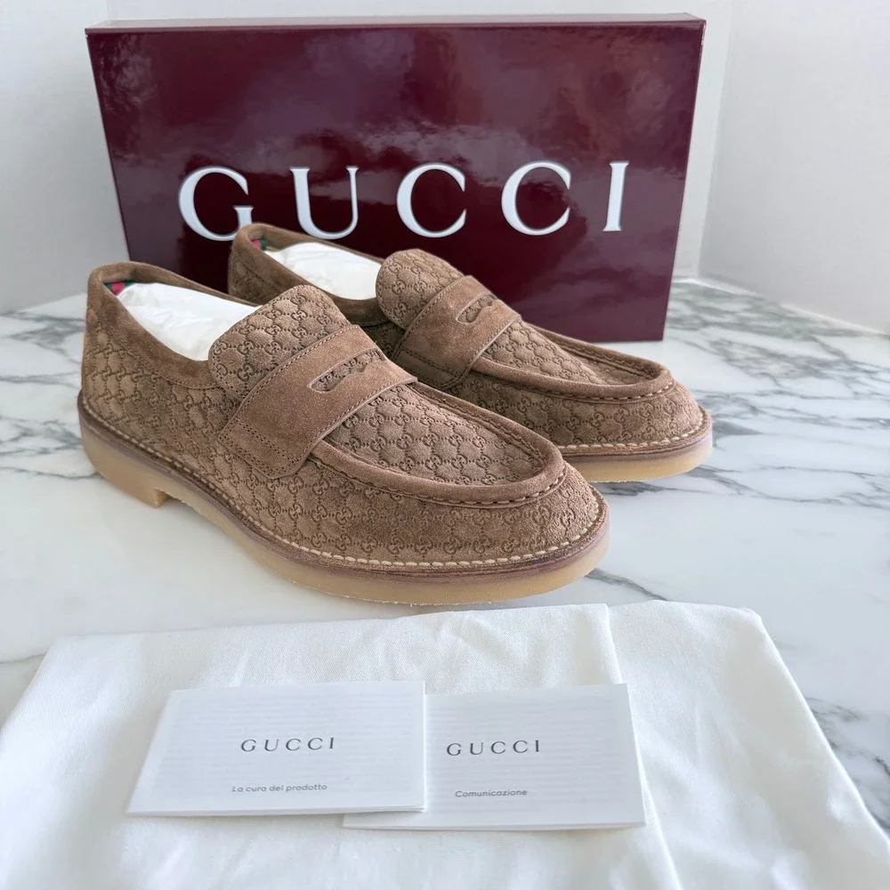 GUCCI  GG Moreau Moccasin Brown Suede Loafer Shoe Penny Strap, G 8+